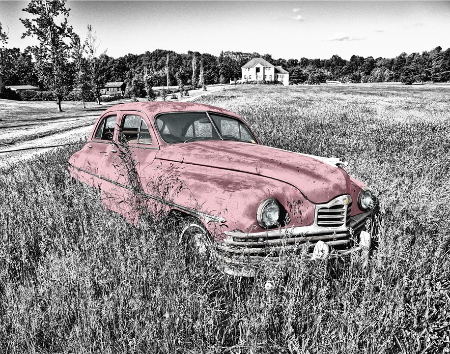 草の中に放置された古い自動車
